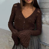 GETADME Trendix 여성용 여름 니트 긴팔 카디건 V넥 솔리드 바디콘 홀로우 아웃 숏 탑 파티 클럽 슬림 베케이션 탑 여성