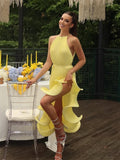 GETADME Women Romantic Yellow Halter Maxi Dress Ribbed Knit Ruffled High-slit Slim-fit Vestido 2026 Lady New Spring Trendy Fashion Robes