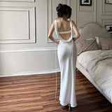 GETADME 여성용 유럽풍 아메리칸 스타일 섹시 가슴 랩 더블 숄더 스트랩 백리스 V넥 슬림핏 드레스