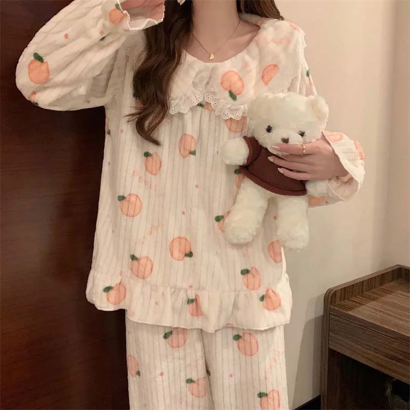 GETADME 만화 잠옷 세트 여성 잠옷 따뜻한 플란넬 잠옷 여자용 피자마 세트 정장 바지 홈 한국 복숭아색 잠옷 레이스 잠옷
