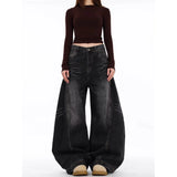 GETADME Minimalist temperament versatile washed denim jeans for women high street texture retro casual Harajuku Y2k loose wide leg pants