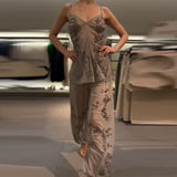GETADME 2026 Vintage Embroidery Lantern Pants Set Women Chic Sequin Splice Mesh Spaghetti Strap Backless Sling Suit Lady Daily Date Wear