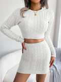Women Fall 2 Pieces Outfits Solid Color Twist Knitted Round Neck Long Sleeve Cropped Sweater Wrapped Hip Mini Skirts Clothes Set