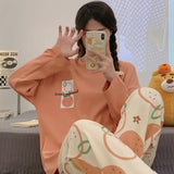 GETADME Autumn and Winter Models of Women's Long-Sleeved Pajamas Homewear Suit Korean Version of the Simple Leisure Pajamas Homewear