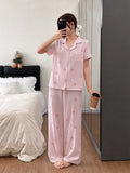 GETADME Women Bow Striped Print Pajama Sets Summer Short Sleeve Sleep Tops With Pants Pajamas Sets Comfortable Sleepwear Loungewear