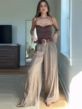 GETADME Women's Straight Pants Solid High Waist Belt Pockets Wide Leg Long Trousers Female 2025 Spring Lady Vintage High Street Wears