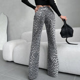 GETADME High Quality Gray Leopard Printed Pockets Straight Trousers Autumn&Winter Trend Club Slim Streetwear Long Pants Ladies 2025