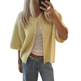 GETADME Lamuusaa y2k Sweaters 2000s Clothes Solid Color Round Neck Single Breasted Short Sleeve Cardigan Tops for Women Streetwear