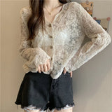 GETADME Vintage Summer Lace Blouses Women See Through Sheer Long Sleeve Sun Shirts Korean Style Casual Sun Protection Sexy Ladies Tops