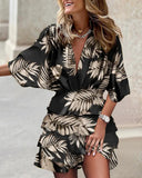 GETADME Women's Sport Dress V-Neck Loose Batwing Sleeve Elastic Waist Printed Dress Mini Casual Ruffle Hem Dresses