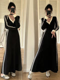 Getadme-French Striped V-neck Long-sleeved Dress Women Fall Clothes Vintage Robe Casual Loose Dresses Korean Fashion Vestidos De Fiesta