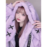 Getadme-Autumn Winter New Rabbit Ears Fur Coat Women Harajuku Style Plush Coat Fashion Sweet And Cute Hooded Jacket Winter Coat Women