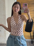 GETADME Weird Puss Polka Dot Print Vest Women Y2K Lace-Up Backless Halter v-Neck Skinny Summer Trend Daily  Street Basic Chic Tank Tops