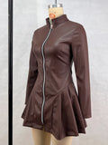 GETADME Trendix Long Sleeve Ruffle PU Dress Women 2025 Slim High Waist Zipper Mini Dresses Fashion Vintage Elegant A-Line Leather Dress