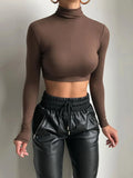 T-shirt à col roulé uni Getadme-Basic pour femme, extensible, idéal pour l'automne et les activités urbaines. Haut court polyvalent.