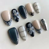 GETADME 24Pcs 3D Strawberry Rabbit Flower Fake Nails Press on Mid-length Almond Wearable False Nails Green Gradient Pearl Manicure Tips