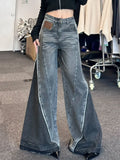 Getadme Women's Vintage Washed Color Block Jeans Oversized Street Loose High Waist Jeans Fashion Korean Casual Y2K Wide Leg Pants