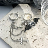 GETADME 여성용 고딕 악마 날개 반지 Y2K 러브 크리스탈 리본 크로스 더블 핑거 펑크 스테인리스 스틸 패션 주얼리