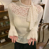 GETADME Vintage Lace Patchwork Long Sleeve T Shirts Women Korean Fashion Elegant Slim Lace Up Bow Top Autumn Winter New Soft Female Tees