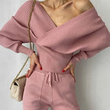 GETADME Double V-neck Sexy Off-shoulder Cropped Top Fashion Trousers New Knitted Solid Color Two-piece Set for Women