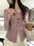 Getadme-Off Shoulder Knit Pullover Women Chic Casual Slim Gentle Tops Female Spring New Square Neck Solid Long Sleeves Knitwears Lady