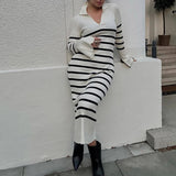 GETADME Elegant Ribbed Knitted V Neck Lapel Women Long Sleeve Elastic Solid&Stripes Printed Maxi Dresses Lady Fall Winter Bodycon Robes