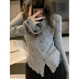 Getadme-Y2k Grey Vintage Women Kint Sweater Harajuku Long Sleeve Cardigan Irregular Korean Fashion Slim Autumn Jerseys Casual