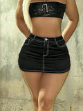 GETADME Y2K Street Slant Pocket Contrast Seam Top-stitching Bodycon Denim Mini Skirt