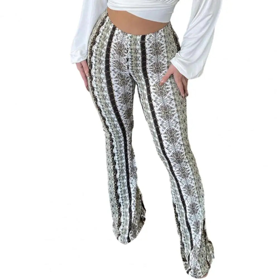GETADME Women Bootcut Pants Retro Print Flared Hem Women's Yoga Pants with High Elastic Waist Slim Fit Stretchy for Long for Women