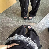 GETADME 스위트 스파이시 레이스 엣지 스플라이스 캐주얼 팬츠 리본 팬츠 여성 여름 루즈핏 신축성 허리 벨 바닥 스트레이트 레그