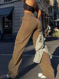 GETADME Women's Plain High Waist Cargo Pants, Street Fashion Casual Pocket Button Trousers for Daily Wear, Ladies Bottoms for All Season
