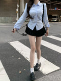 GETADME Woman Top Blue Spring and Autumn Wear To Work Full Long Sleeve Button Up Office Outfits Formal Dress Shirts & Blouses Women Xl S