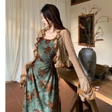 Getadme 스위트 투피스 세트 여성복 레이스업 패치워크 빈티지 플로럴 맥시 드레스 러플 시크 베인 루즈 크롭 카디건