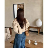 GETADME Women Autumn Winter Double Fleece Warm Thicken Jacket Turn-down Single-Breasted Short Outerwear Loose Fashion Casual Overcoat