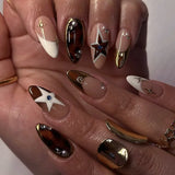 GETADME 24Pcs Black Y2k Long False Nails with Almond Head Design Cat's Eye Silver Stripe Pattern Press on Fake Nails Wearable Nail Tips
