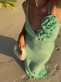 GETADME Sexy Sequin 3D Flower Long Beach Dress Women Retro Knitted V-neck Sleeveless Glitter Sling Dresses Female Chic Holiday Vestidos