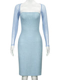 GETADME Trendix Mesh Patchwork Knit Dress Women 2025 Summer Bodycon High Waist Long Sleeve Midi Dresses Vacation Knitwear Sheath Dress