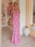 GETADME Pink Chiffon Polka Dot Printing Halter Maxi Dress Women Elegant Sleeveless Backless Skinny Pleated Robe Beach Evening Party Gown