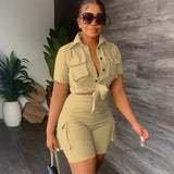 GETADME 여성용 스트리트웨어 투피스 세트 여름 복장 포켓 반팔 버튼업 셔츠 상의 반바지 세트 파티 클럽 매칭 세트