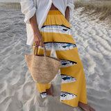 GETADME Ladies Beach Pants High Quality Pure Cotton Fabric Blue Fish Graphic Printing Chic Trend Fashion New Loose Wide Leg Trousers