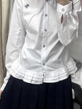 GETADME White Striped Women's Shirt Long Sleeve Floral Embroidery Korean Fashion Blouses Ruffles Loose Preppy JK Spring New