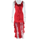 GETADME New Summer Sexy Red Ruffle Flower Evening Party Asymmetrial Dress V Neck Lace Up Sleeveless Chic Party Festival Sundress