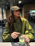 GETADME Olive Green Leather Jacket Coat Silhouette Vintage High Street Trend Zipper Lapel Short Overcoat Loose Casual Top Outwear Autumn