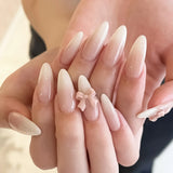 GETADME Gentle Women Almond Fake Nails 24Pcs Nude Color Press On Nails 3D Pink Bowknot Decor Full Cover Acrylic False Nails Patches