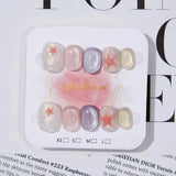 GETADME 10pcs Short Oval Shaped Press-On Nails - Color Block Stripes & Star Designs Glossy Mix-and-Match False Nails for Women and Girls