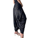 GETADME Women Lantern Pants Elastic Waist Lantern Pants for Women Glitter Wide Leg Trousers for Party Streetwear Spring Summer Bloomers