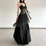 GETADME Lace Patchwork Women Camis Dress French Elegant Hepburn Style Splicing Midi Dress Y2K Streetwear Hot Girls Vacation Vestidos
