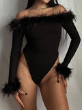 GETADME 새로운 섹시한 여성 긴팔 깃털 장식 바디수트 여성 바디콘 오프숄더 슬래시 넥 스키니 베이직 레오타드 탑 핫 클럽웨어