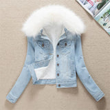 GETADME 2025 Autumn Winter Fleece Denim Jacket Women Big Fur Collar Short Coat Thicken Velvet Liner Warm Tops Lady Jean Coat Outerwear