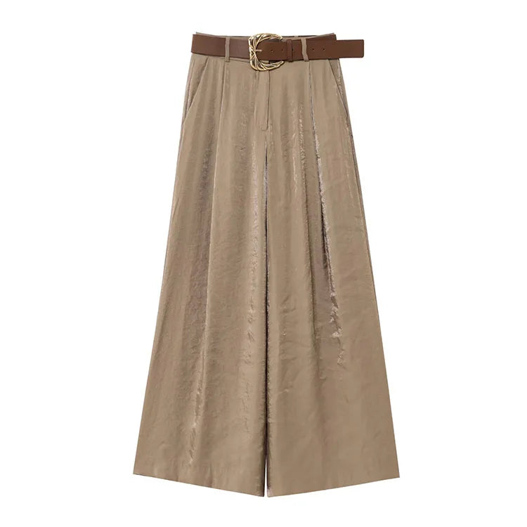 GETADME HipSeam Women Satin Trousers With Belt Spring Summer Simple Women's Pants Versatile Female Loose Pants Pocket Wide Leg Pants
